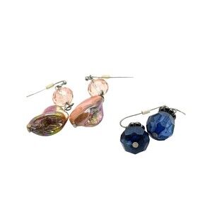 2 Pair of Crystal Dangle Pierced Earrings Blue Set,  Creamy Beige set